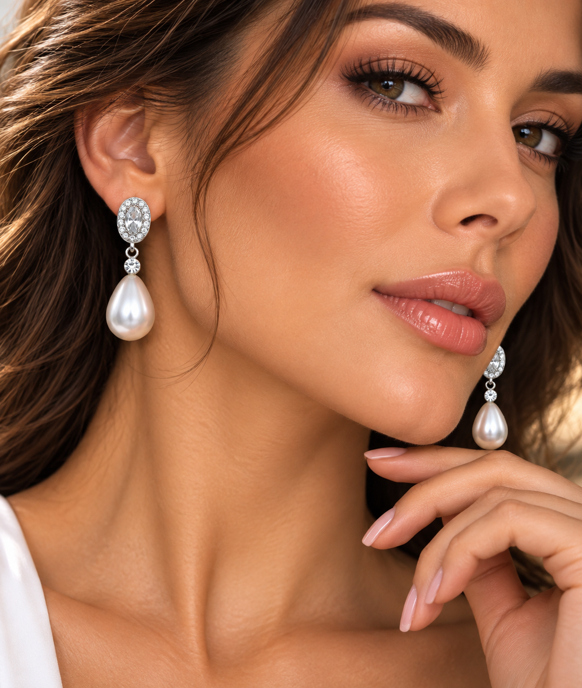 ORECCHINI PENDENTI CON ZIRCONE OVALE-ACCIAIO 316L+ ZIRCONE+PERLA ARTIFICIALE