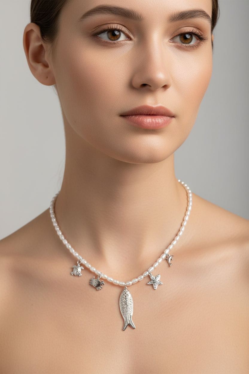 COLLANA CIONDOLINI -ACCIAIO INOX+PERLA