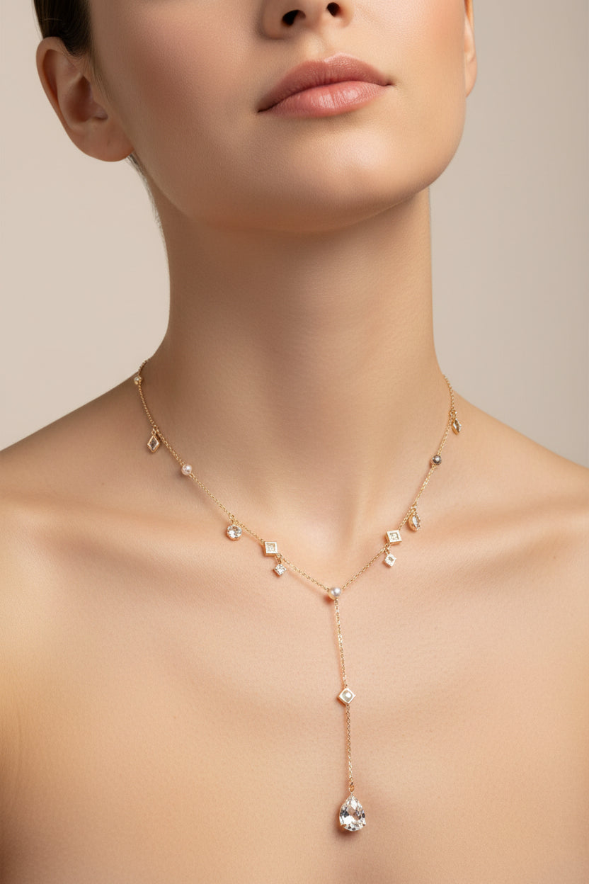 COLLANA A Y CON SFERE E ZIRCONI PENDENTI ACCIAIO INOX 316L+ZIRCONI