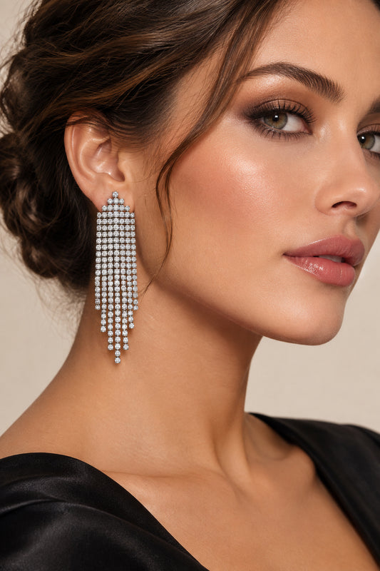 ORECCHINI PENDENTI CON NAPPINA -ACCIAIO+ STRASS