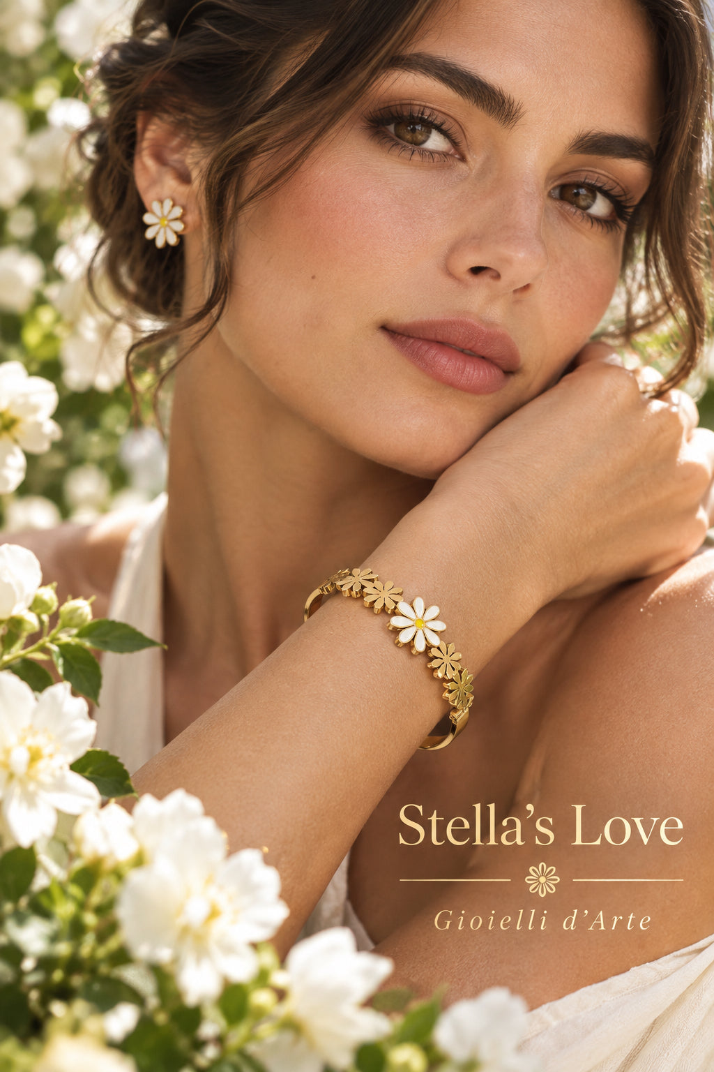bracciale rigido a molla con fiori dorato -acciaio 316l