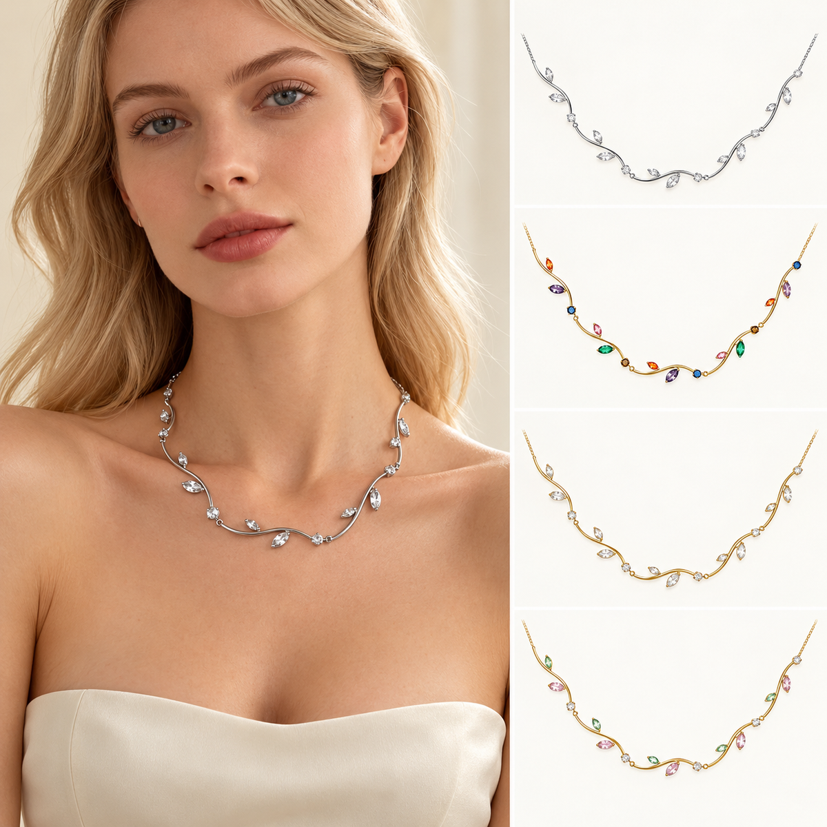 Collana girocollo fiori -acciaio e cubic zirconi a