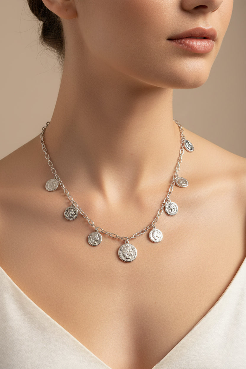 COLLANA A CATENA CON CHARMS MONETE-ACCIAIO INOX 316L