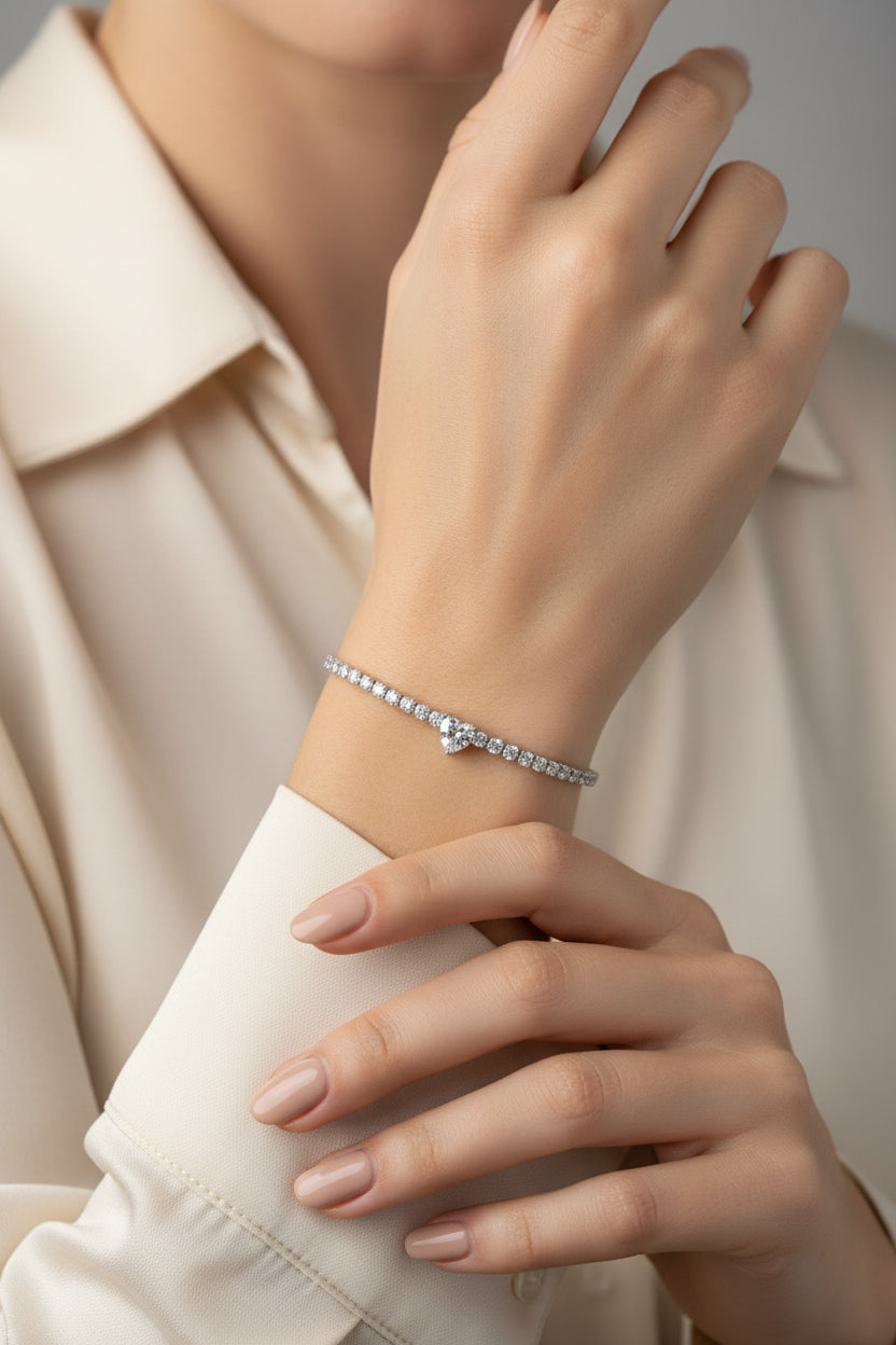 BRACCIALE  TENNIS CON CUORE -ACCIAIO 316L+STRASS