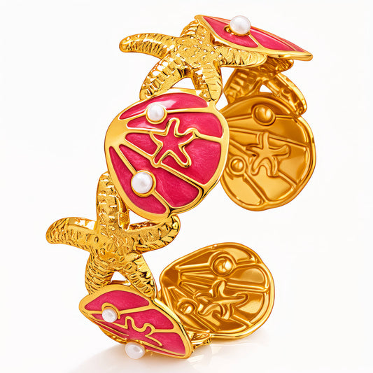 Starfish and Seashells Bracelet, 18K Gold Plated Steel