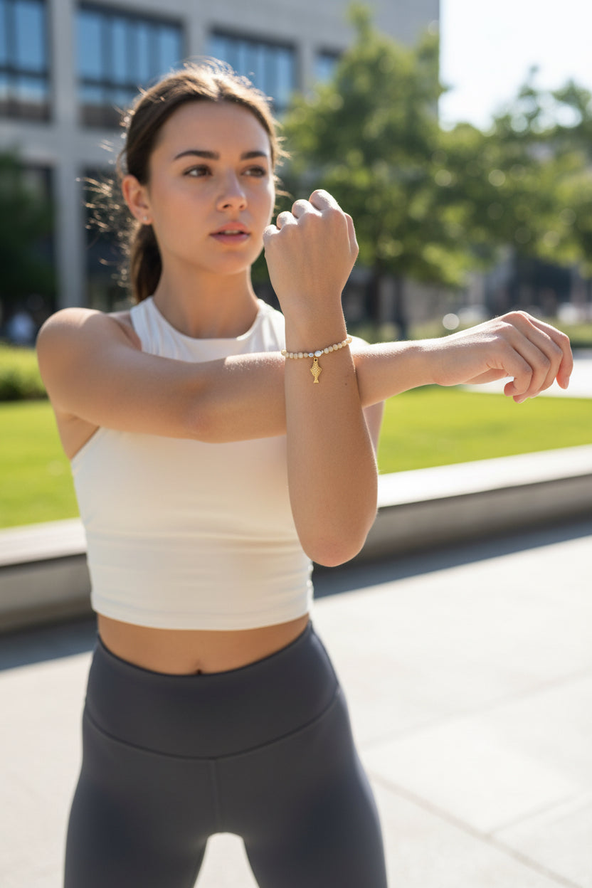 BRACCIALE  REGOLABILE  CON PERLINE  E CIONDOLO PESCE -ACCIAIO 316L