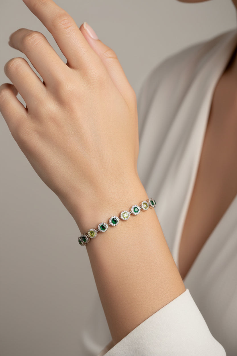 BRACCIALE CON ZIRCONI COLORATI  VERDE -ACCIAIO 316L