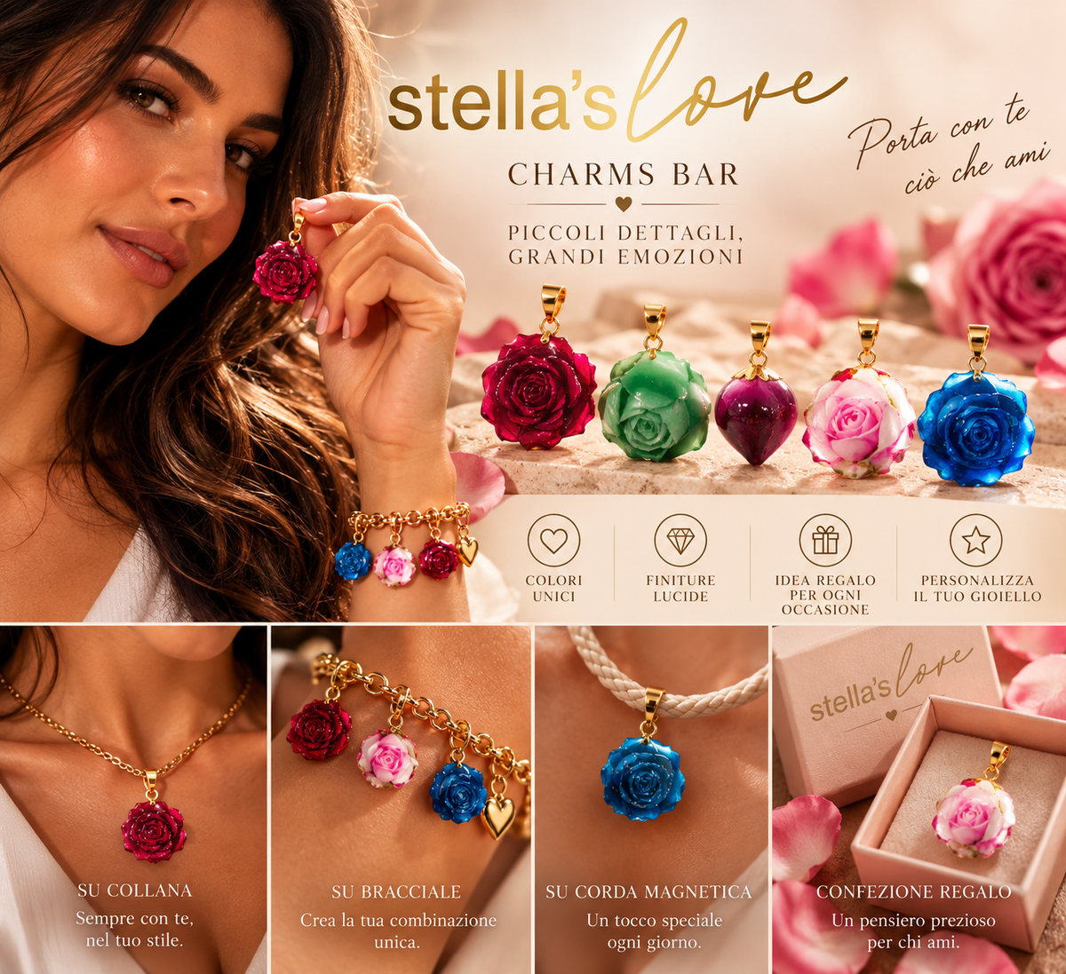 Charms bar GRANDE ACCIAIO E FIORE NATURALE