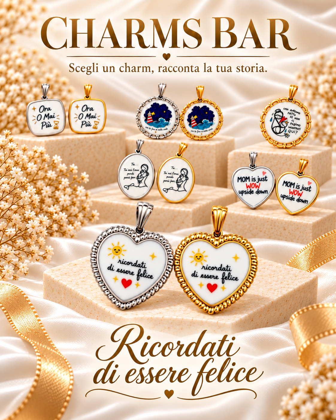 RICORDATI  DI ESSERE FELICE -CHARMS BAR- ACCIAIO